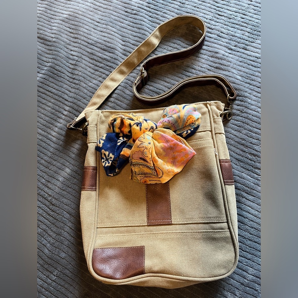 Canvas Hobo Crossbody Bag with Leather Accents - Beige